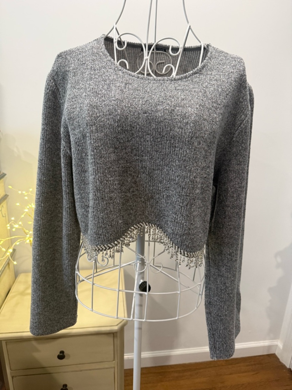 Zara Gray Cropped Crewneck Sweater with Beaded Hem